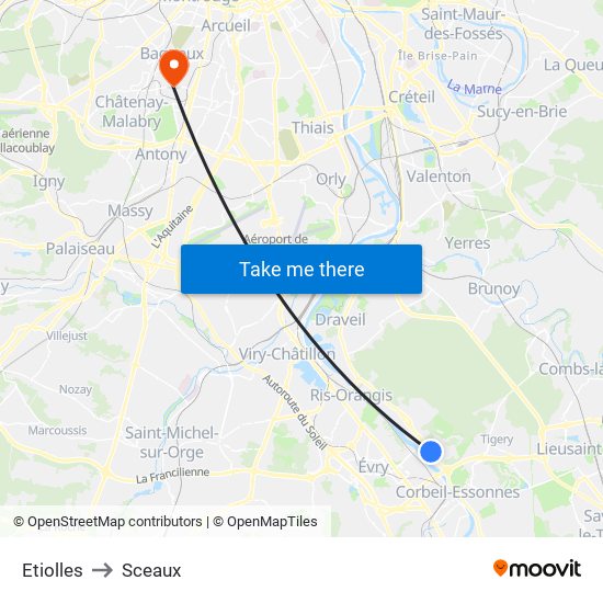 Etiolles to Sceaux map