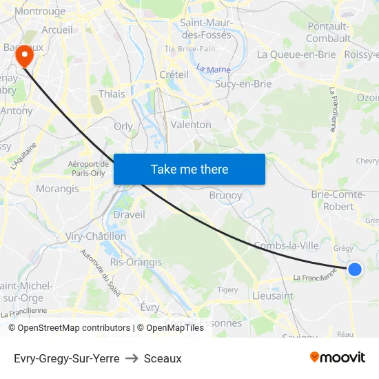Evry-Gregy-Sur-Yerre to Sceaux map
