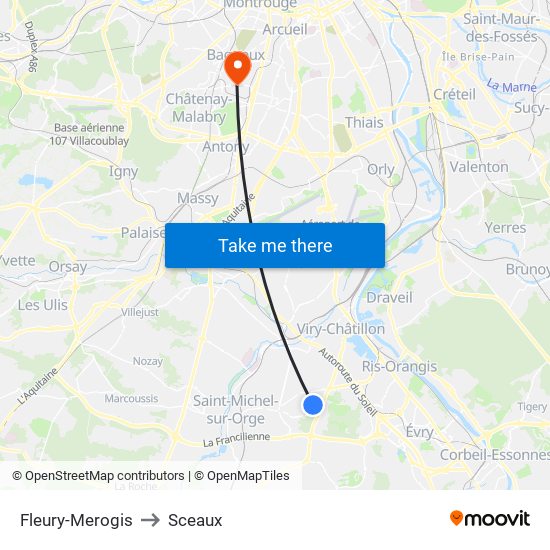 Fleury-Merogis to Sceaux map