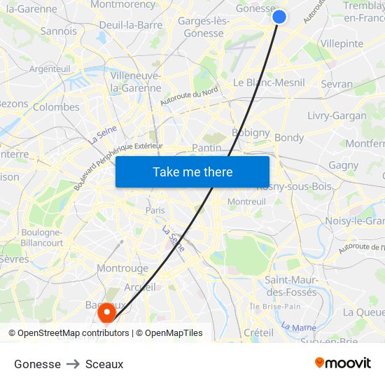 Gonesse to Sceaux map