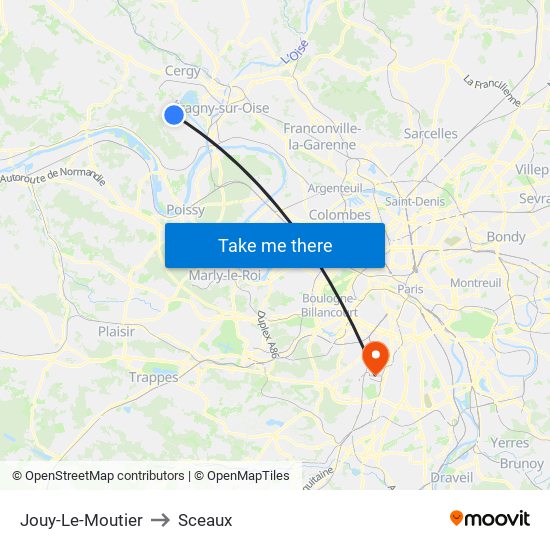 Jouy-Le-Moutier to Sceaux map