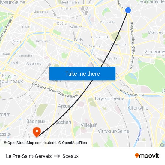 Le Pre-Saint-Gervais to Sceaux map