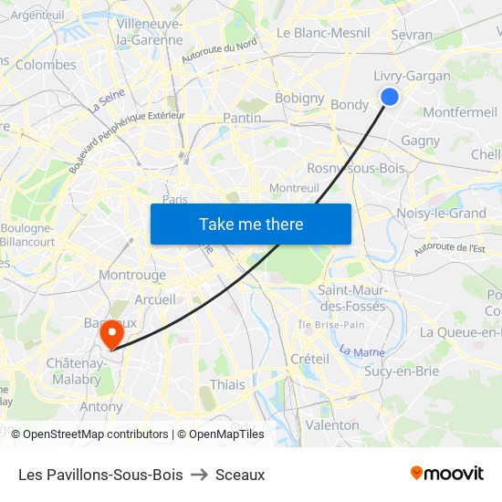 Les Pavillons-Sous-Bois to Sceaux map