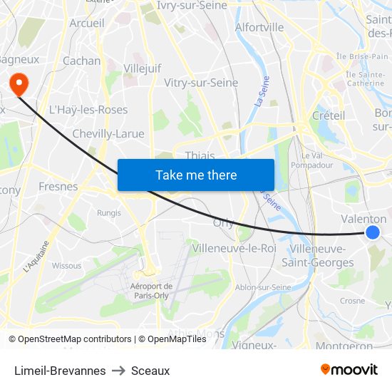 Limeil-Brevannes to Sceaux map