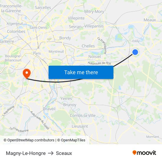 Magny-Le-Hongre to Sceaux map