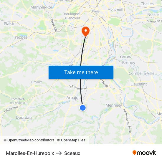 Marolles-En-Hurepoix to Sceaux map