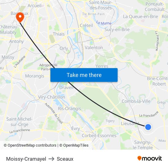 Moissy-Cramayel to Sceaux map