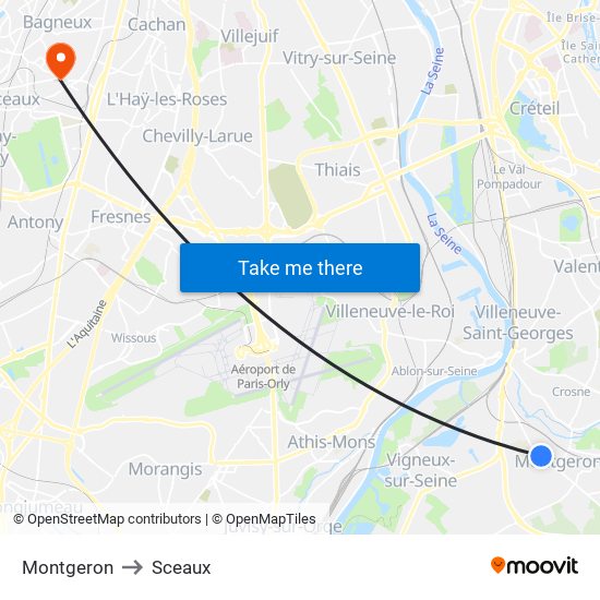 Montgeron to Sceaux map