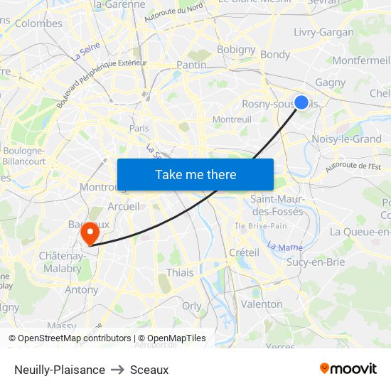 Neuilly-Plaisance to Sceaux map