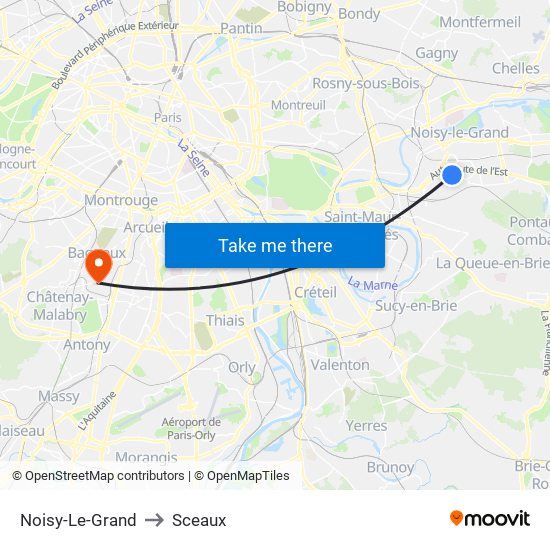 Noisy-Le-Grand to Sceaux map