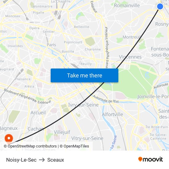 Noisy-Le-Sec to Sceaux map