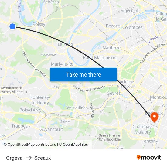 Orgeval to Sceaux map