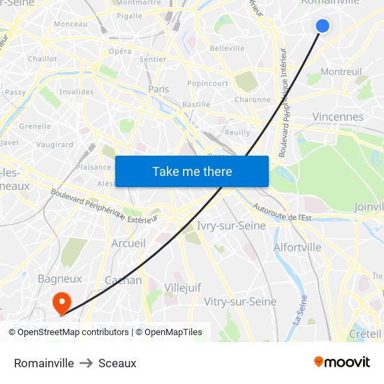 Romainville to Sceaux map