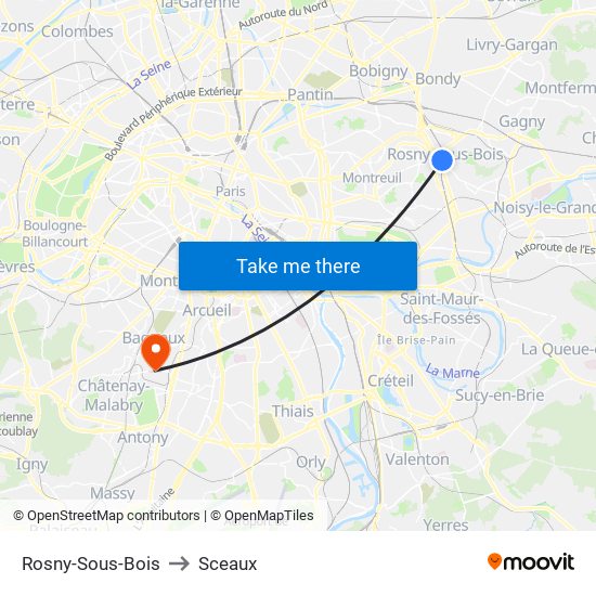 Rosny-Sous-Bois to Sceaux map