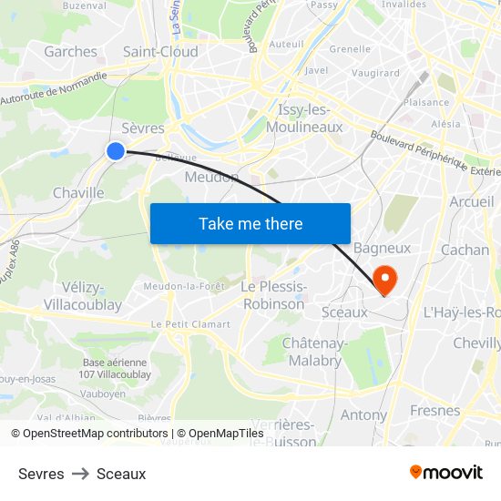Sevres to Sceaux map