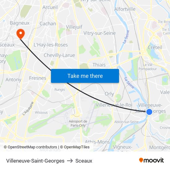Villeneuve-Saint-Georges to Sceaux map