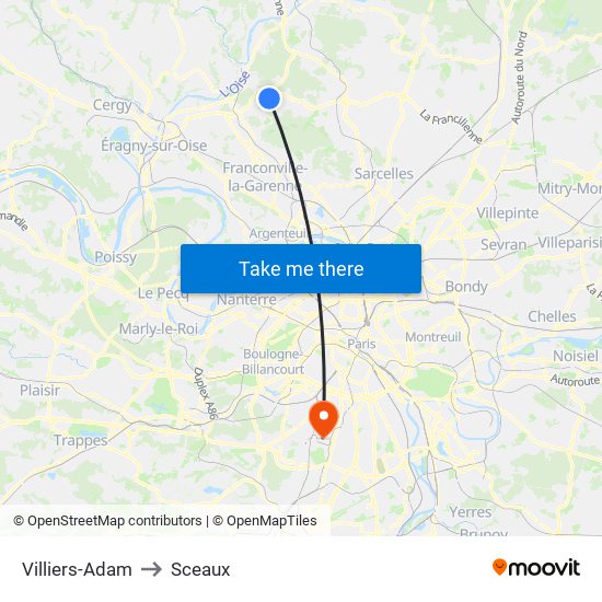 Villiers-Adam to Sceaux map