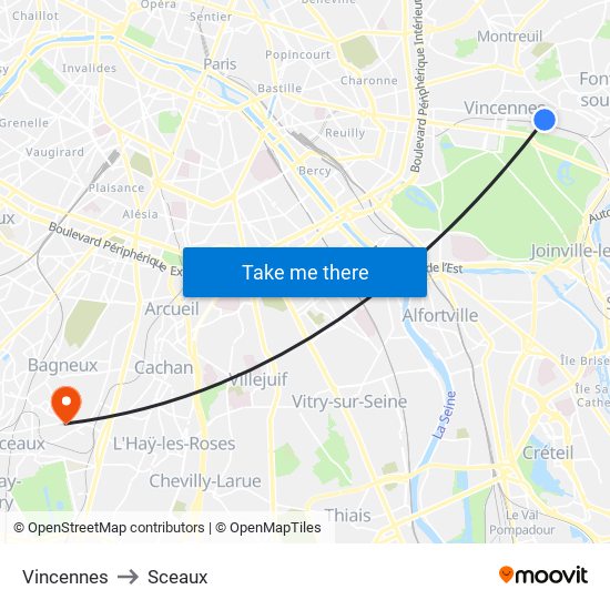 Vincennes to Sceaux map