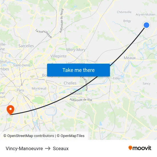 Vincy-Manoeuvre to Sceaux map