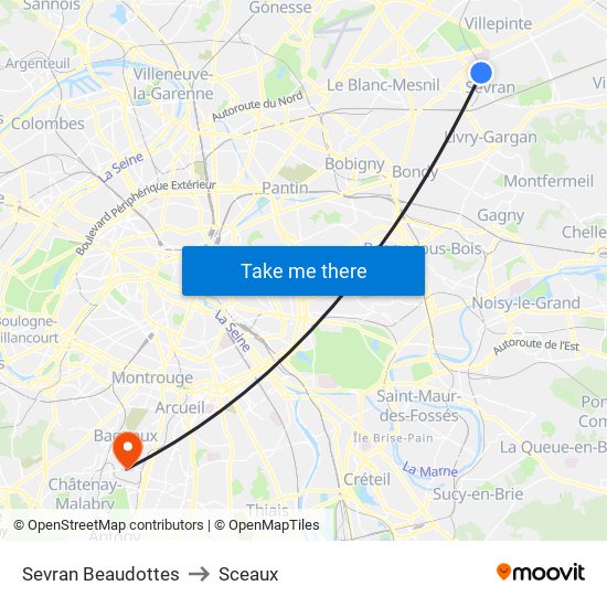 Sevran Beaudottes to Sceaux map