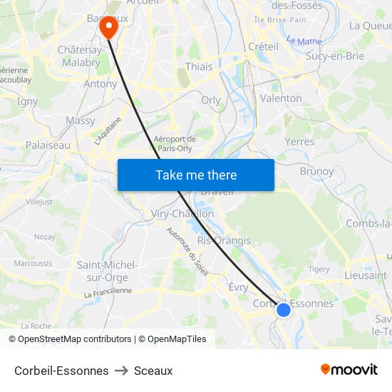 Corbeil-Essonnes to Sceaux map