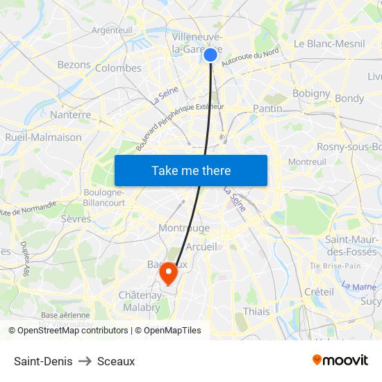 Saint-Denis to Sceaux map