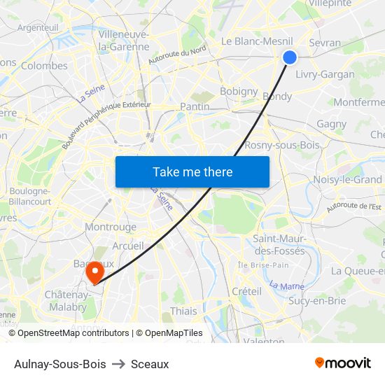 Aulnay-Sous-Bois to Sceaux map