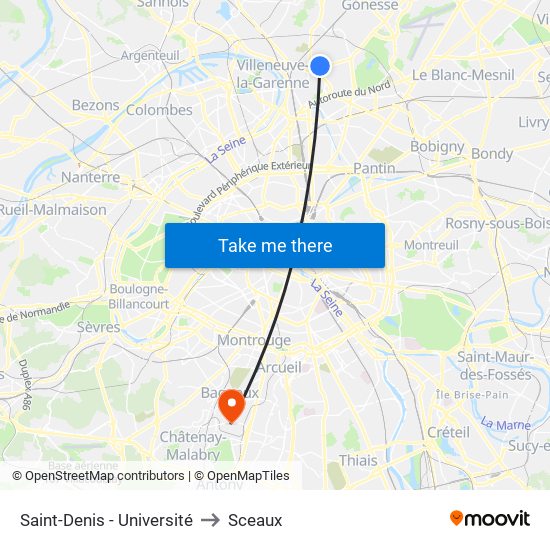 Saint-Denis - Université to Sceaux map