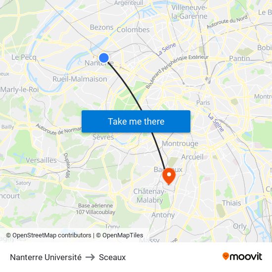 Nanterre Université to Sceaux map