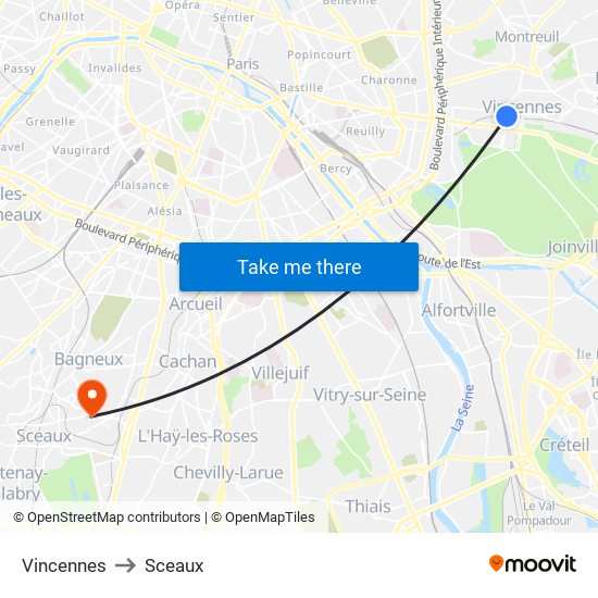 Vincennes to Sceaux map