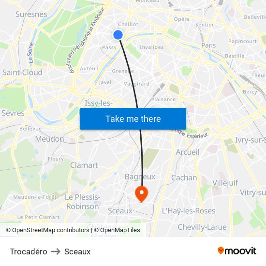 Trocadéro to Sceaux map