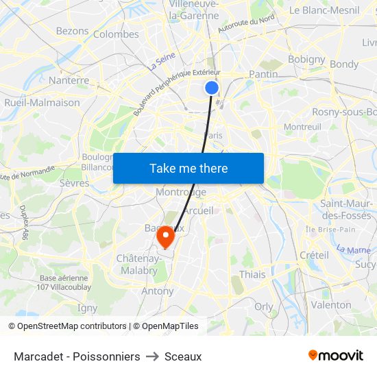 Marcadet - Poissonniers to Sceaux map