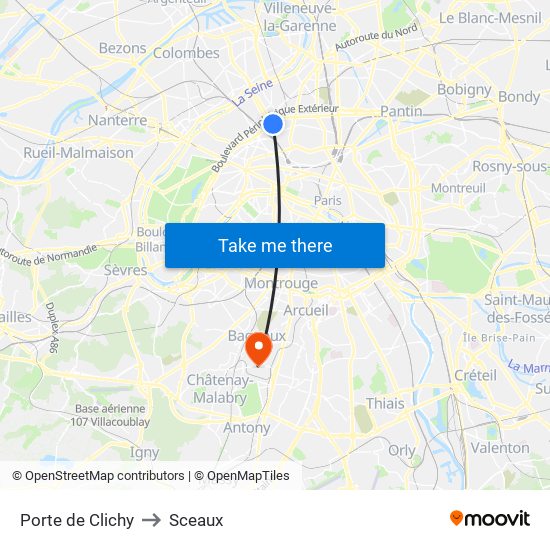 Porte de Clichy to Sceaux map