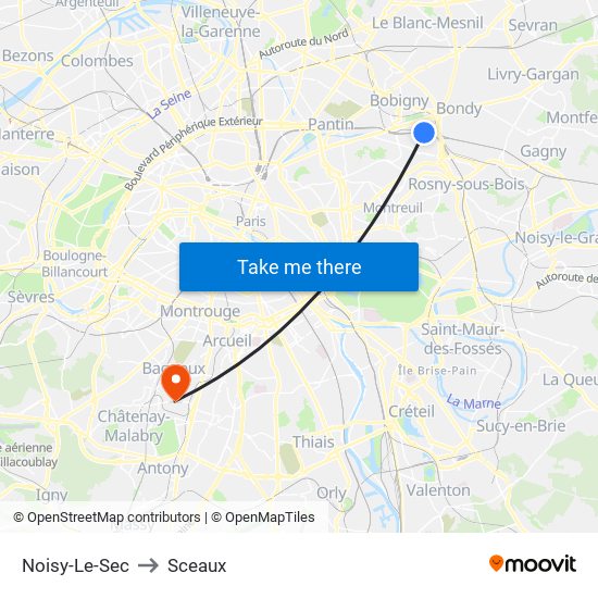 Noisy-Le-Sec to Sceaux map