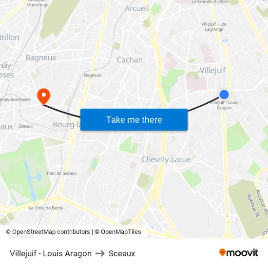 Villejuif - Louis Aragon to Sceaux map