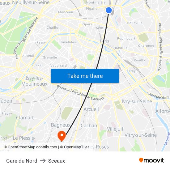 Gare du Nord to Sceaux map