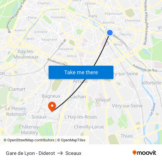 Gare de Lyon - Diderot to Sceaux map