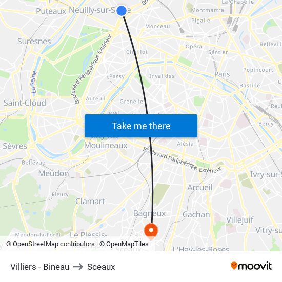 Villiers - Bineau to Sceaux map