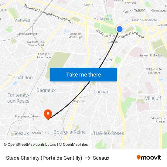 Stade Charléty (Porte de Gentilly) to Sceaux map