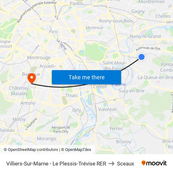 Villiers-Sur-Marne - Le Plessis-Trévise RER to Sceaux map
