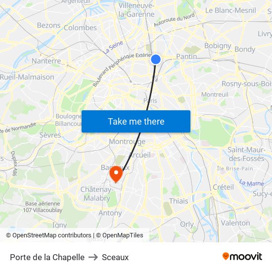 Porte de la Chapelle to Sceaux map