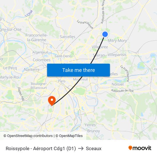 Roissypole - Aéroport Cdg1 (D1) to Sceaux map