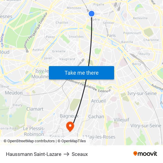 Haussmann Saint-Lazare to Sceaux map