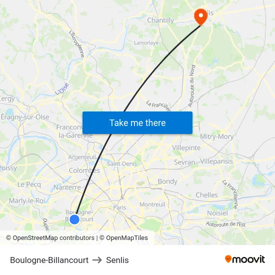 Boulogne-Billancourt to Senlis map