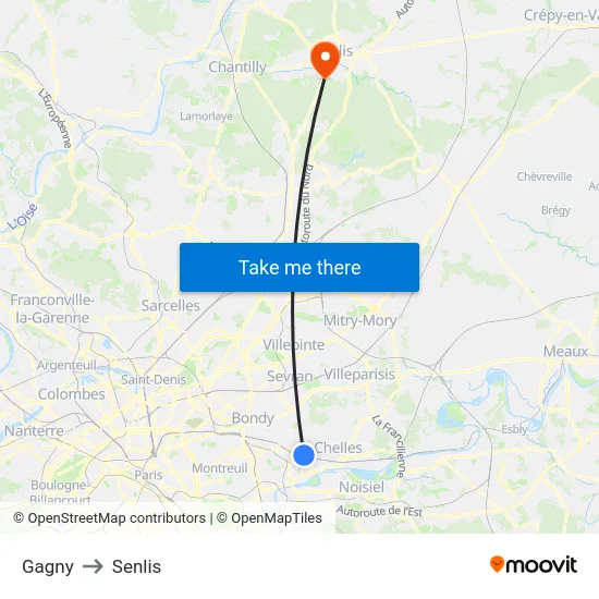 Gagny to Senlis map