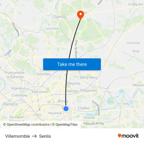 Villemomble to Senlis map