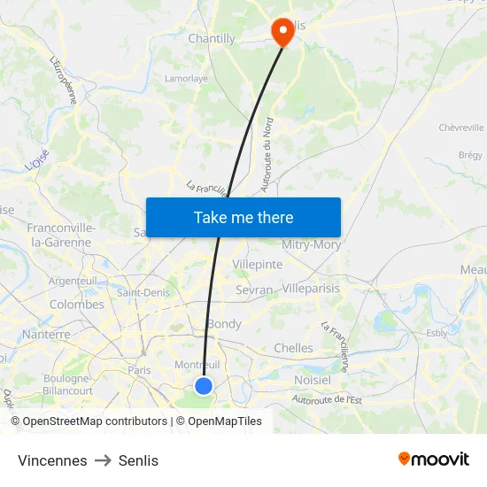 Vincennes to Senlis map