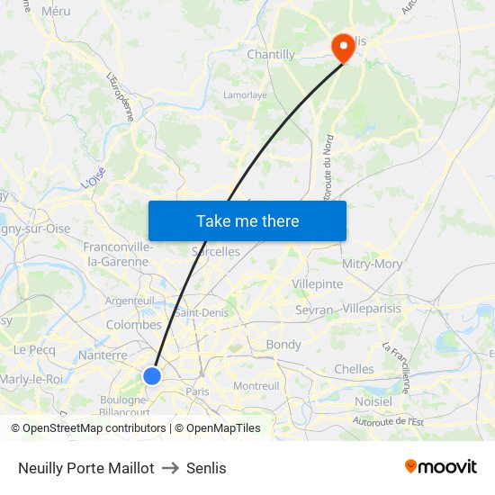 Neuilly Porte Maillot to Senlis map