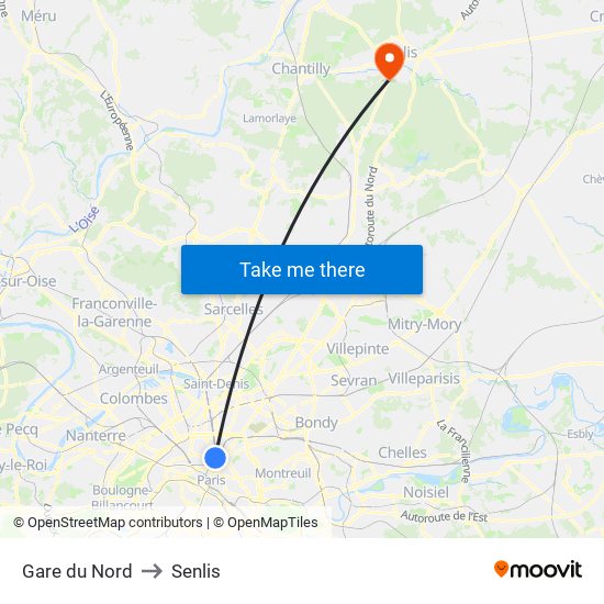 Gare du Nord to Senlis map