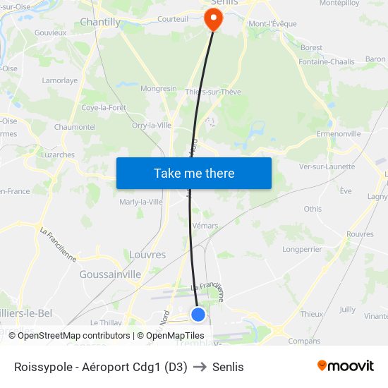 Roissypole - Aéroport Cdg1 (D3) to Senlis map